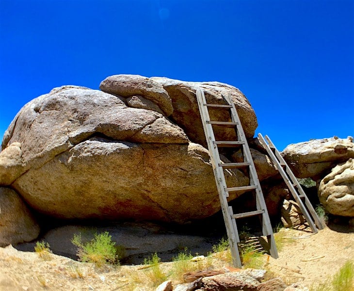 ladders going to nowhere outside the cabin