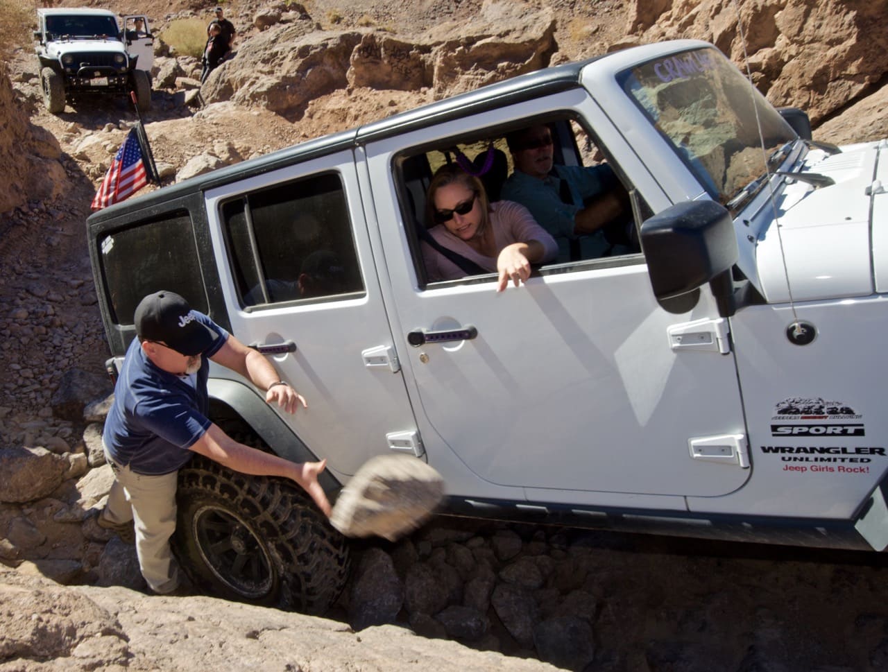 Stacking rocks for a Jeep stuck on the 4x4 trail near Calico Ghost Town