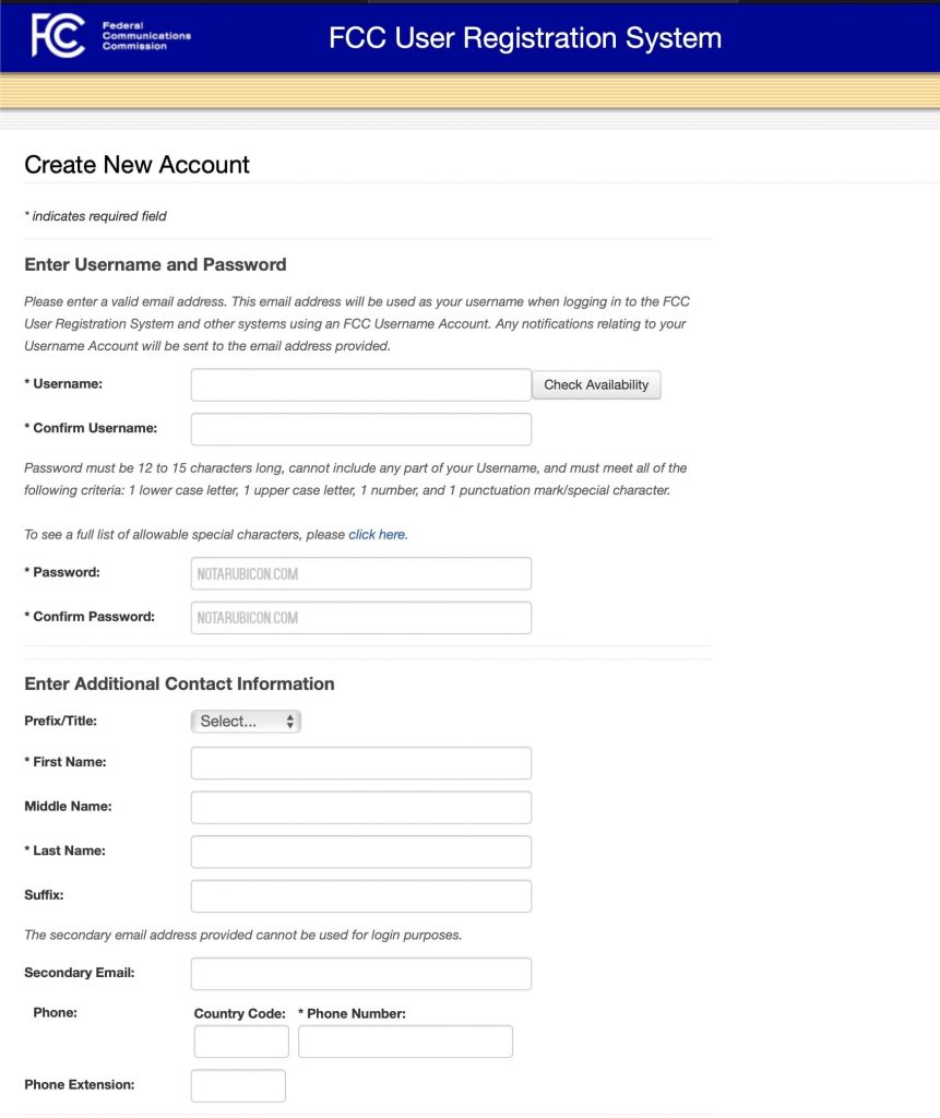 FCC Website registration page