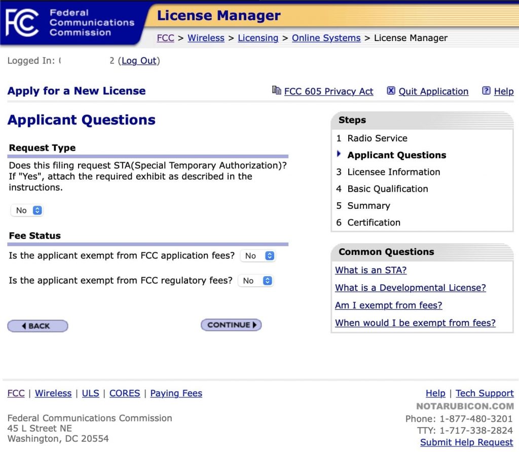 FCC LIcense Manager Applicant questions for GMRS license