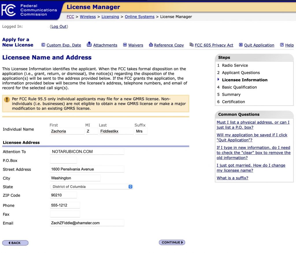  FCC license manager - personal information for GMRS license